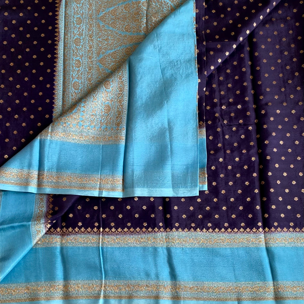Midnight Navy And Turquoise Blue Banarasi Crepe Silk Saree With Zari Brocade