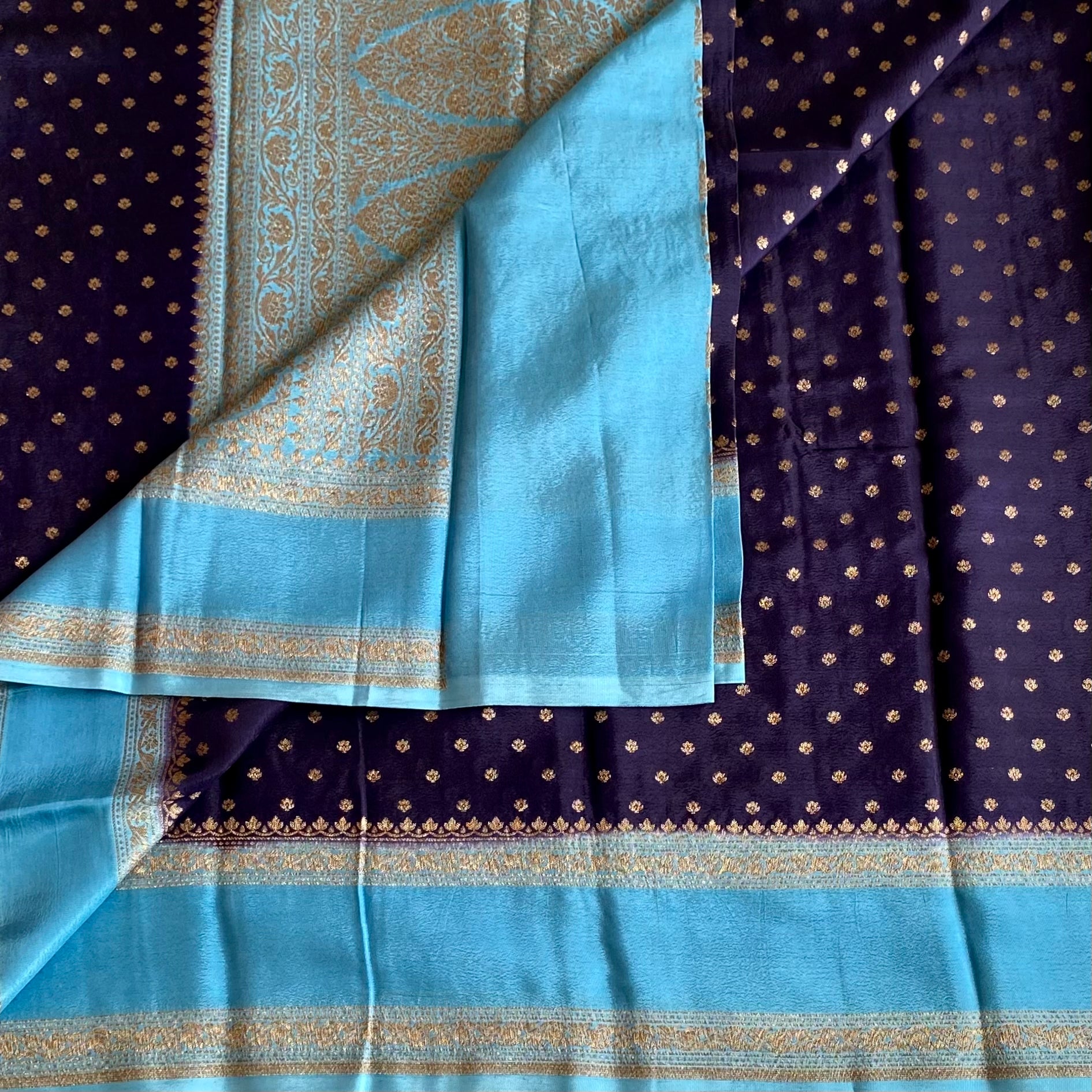 Midnight Navy And Turquoise Blue Banarasi Crepe Silk Saree With Zari Brocade