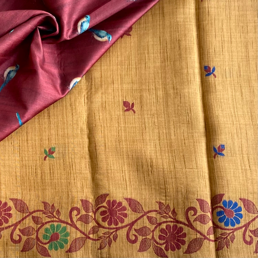 Mustard Earthy Soft Tussar Silk Saree With Rust Maroon Border