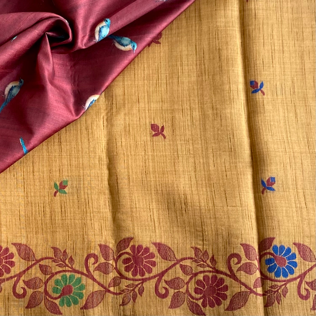 Mustard Earthy Soft Tussar Silk Saree With Rust Maroon Border