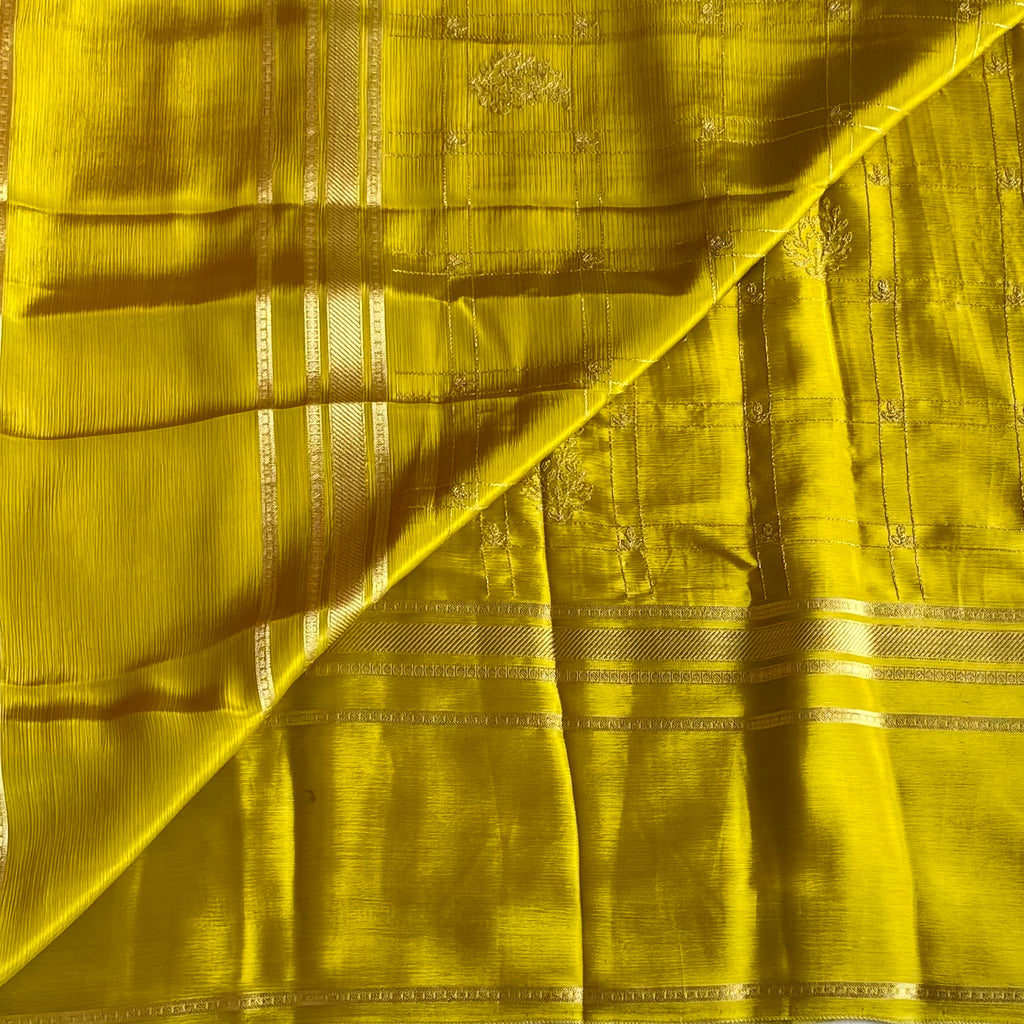 Chartreuse Soft Crepe Silk Saree With Aari Embroidered Work