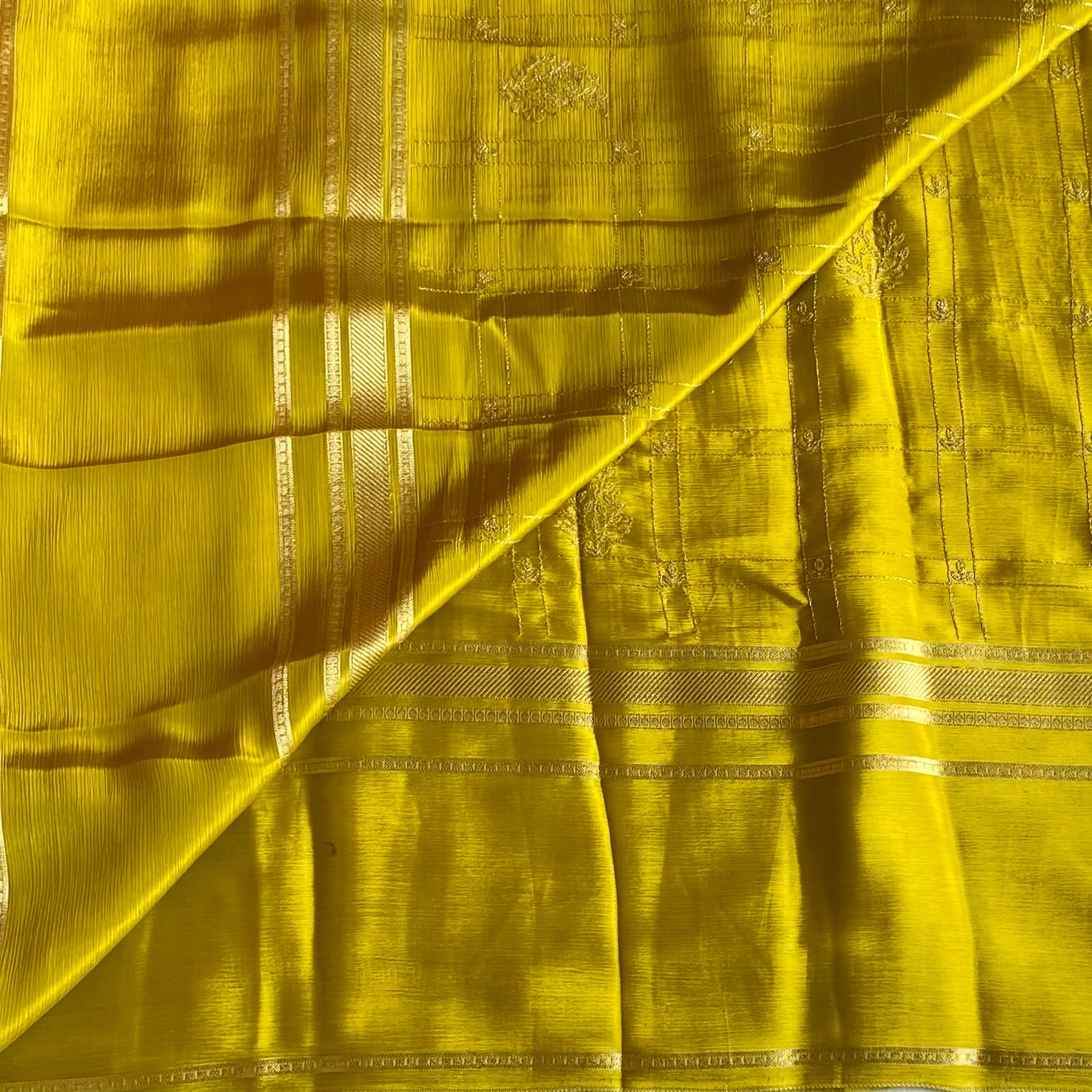 Chartreuse Soft Crepe Silk Saree With Aari Embroidered Work