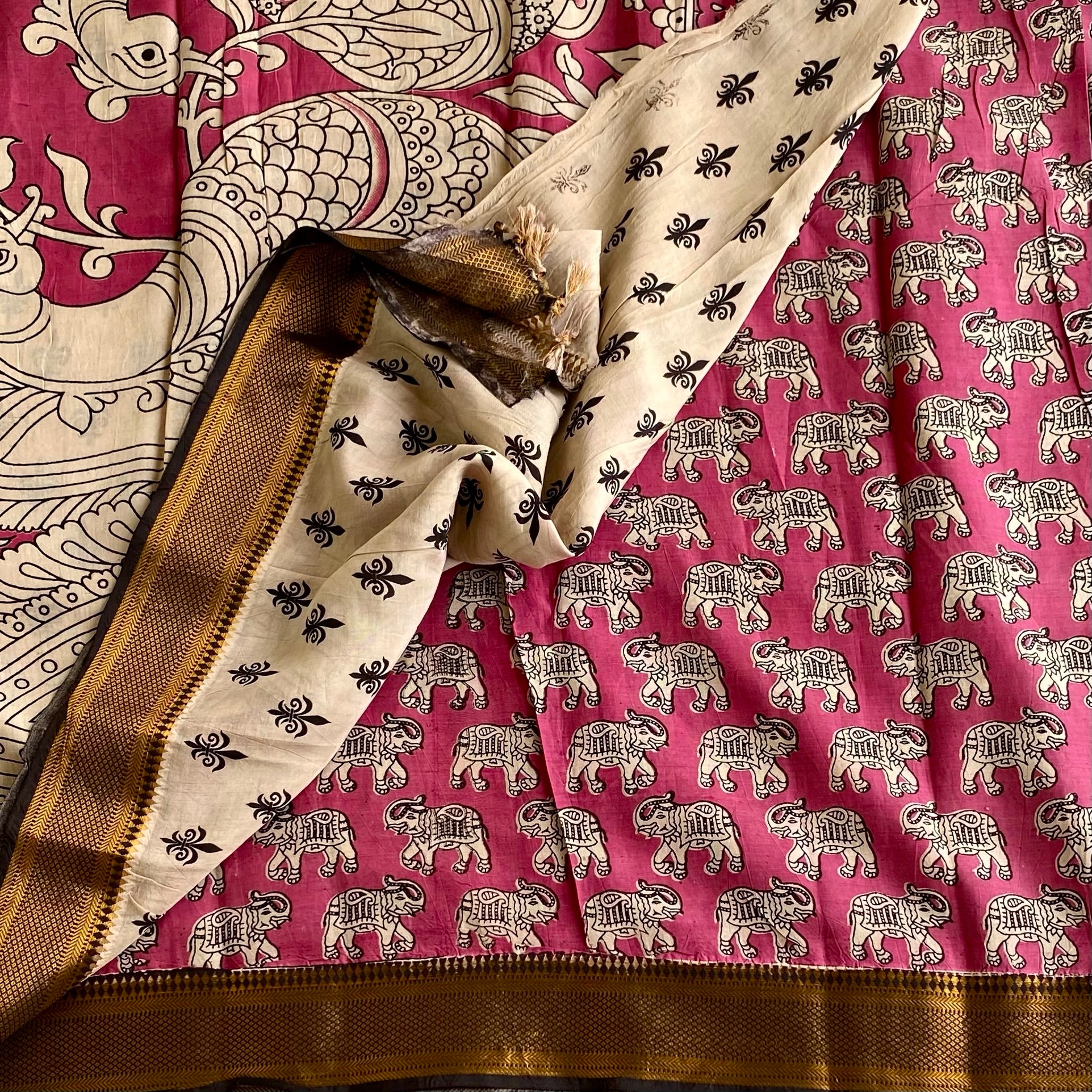 Rose Pink Kalamkari Designer Cotton Silk Saree With Antique Ivory Pallu