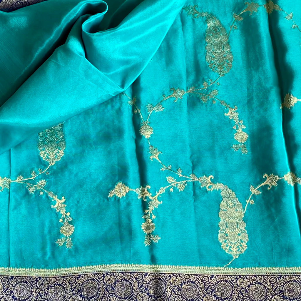 Turquoise Soft Crepe Silk Saree With Royal Blue Pallu And Zari