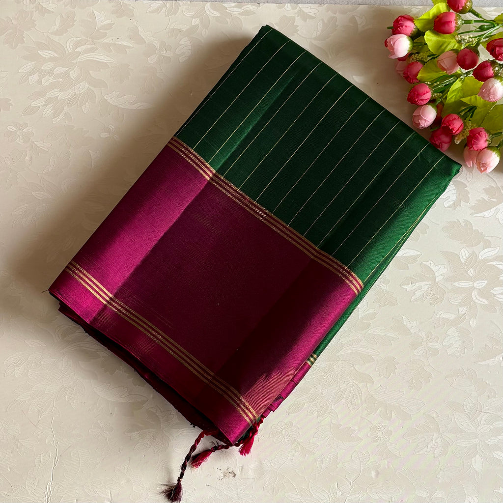 Deep Emerald Green And Magenta Designer Pure Silk Saree