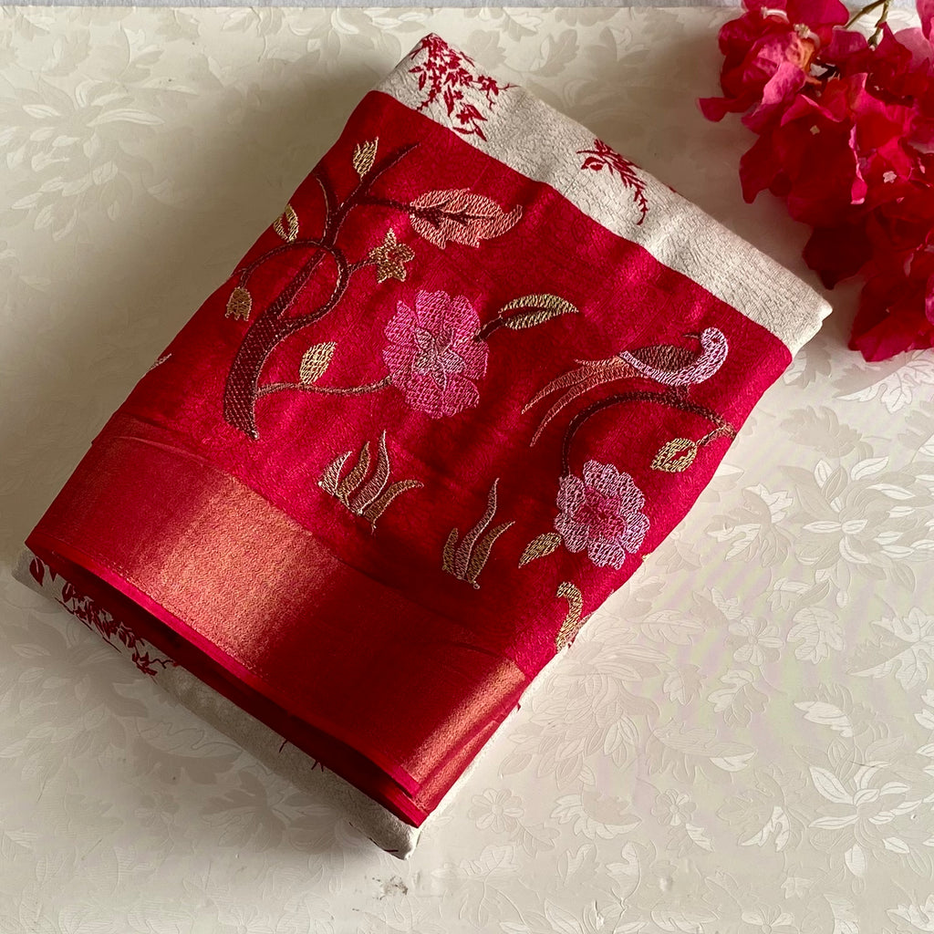 Ivory Soft Tussar Silk Saree With Rani Pink Pallu Gold Zari Border