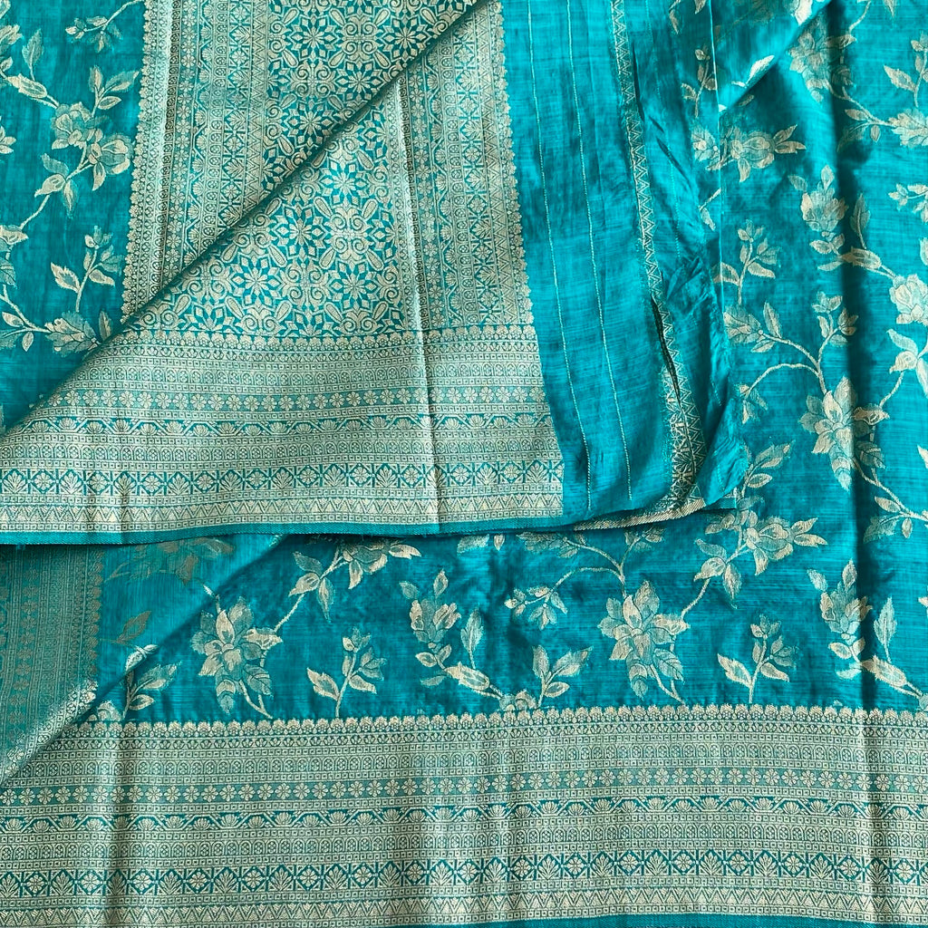 Azure Blue Soft Tussar Silk Saree With Gold Brocade Border
