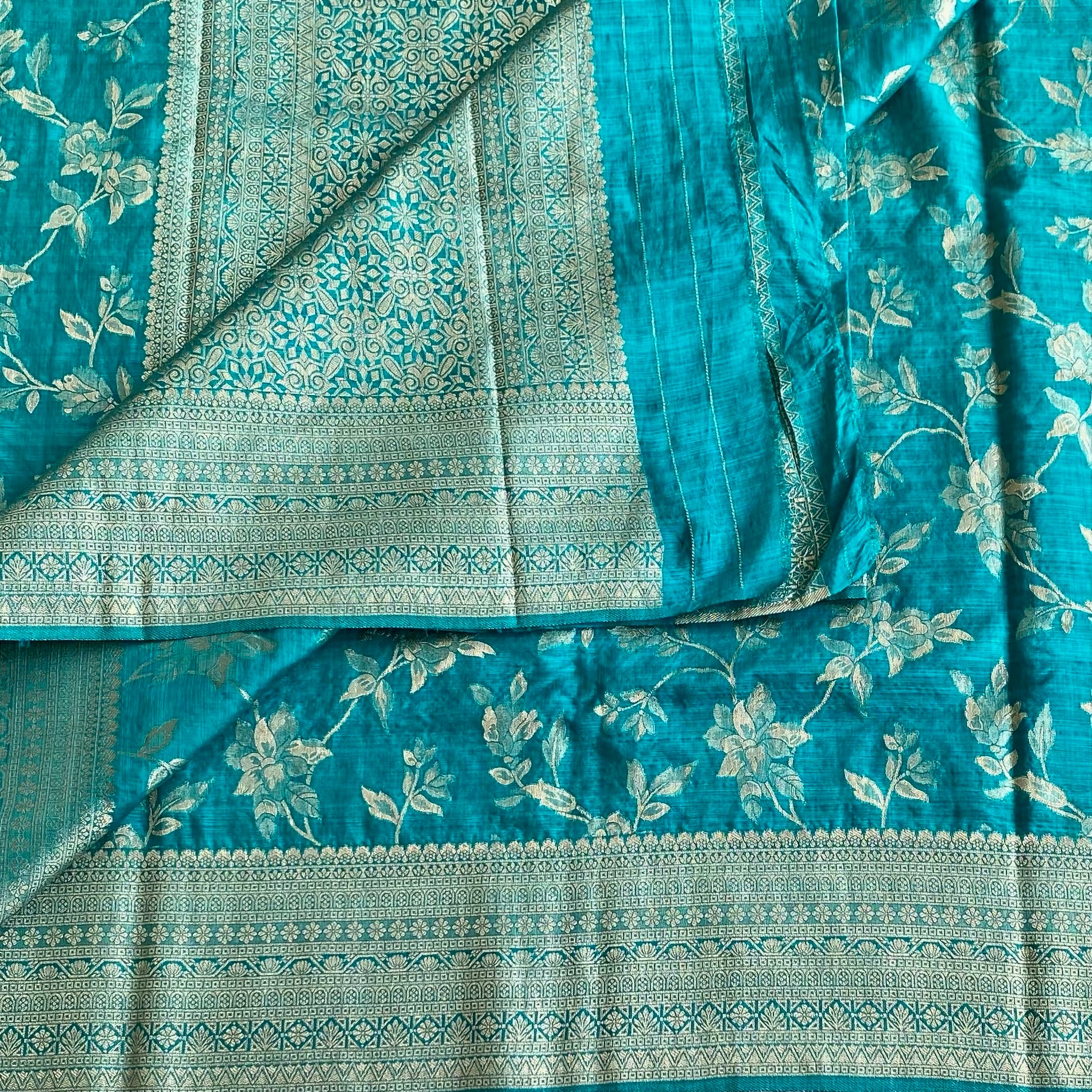 Azure Blue Soft Tussar Silk Saree With Gold Brocade Border