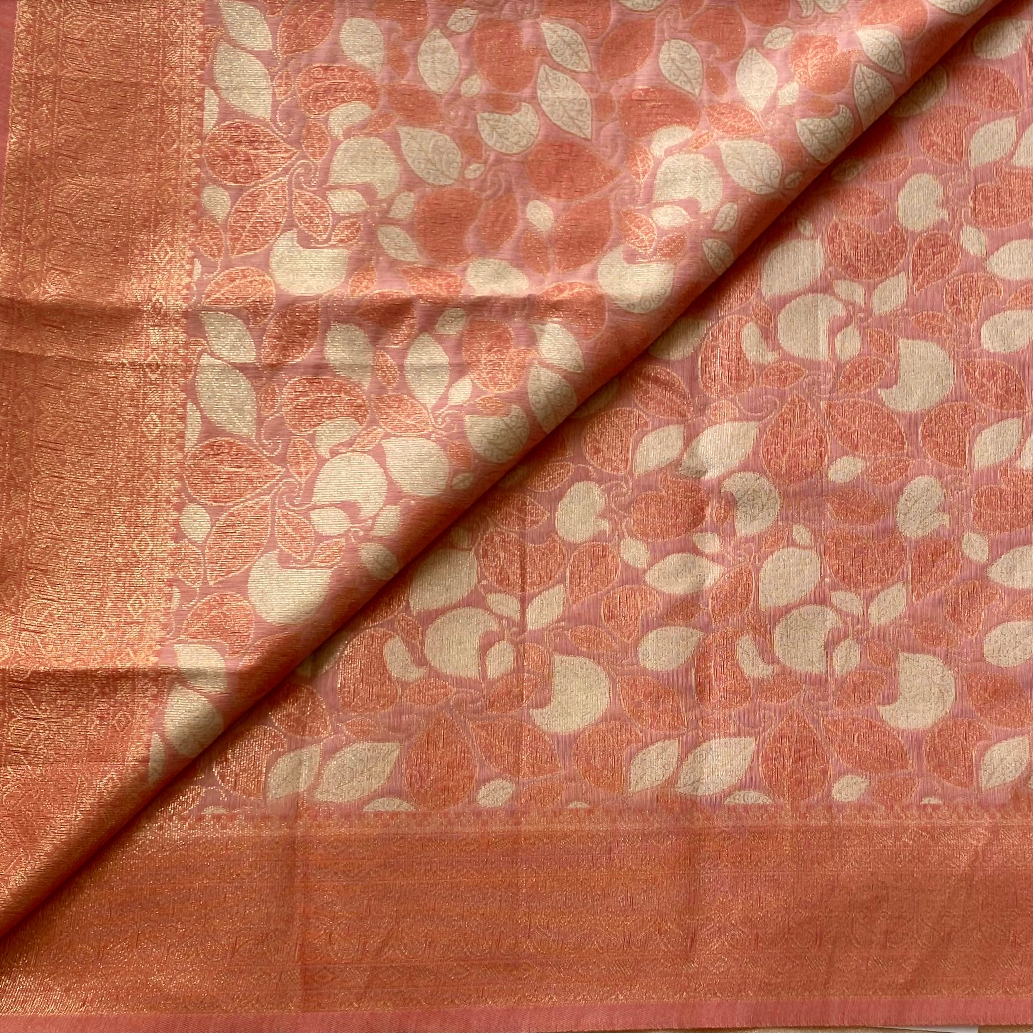 Coral Pink Golden Brocade Leaf Motif Saree With Tassels Festive