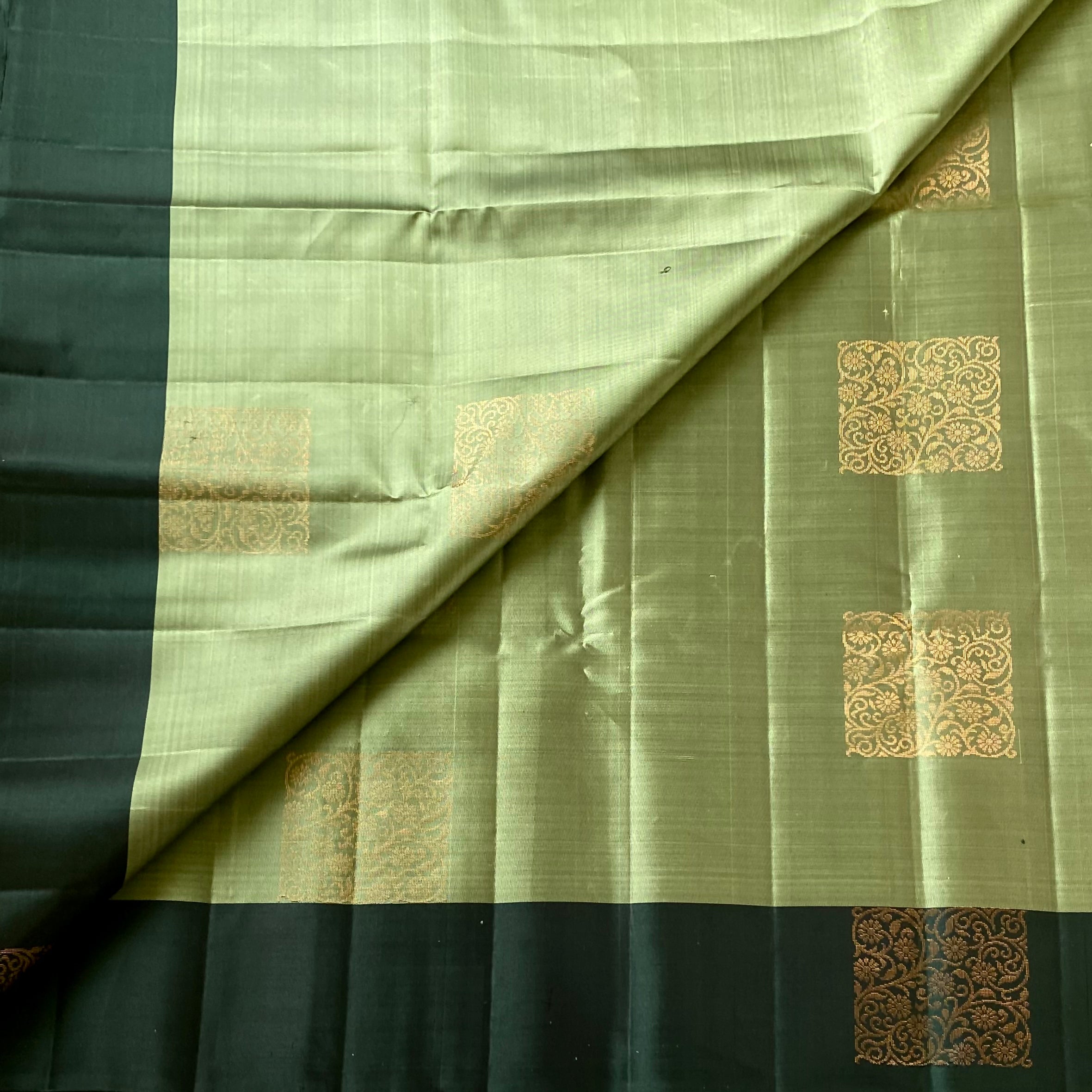 Vintage metallic green with deep Forest green designer, pure silk