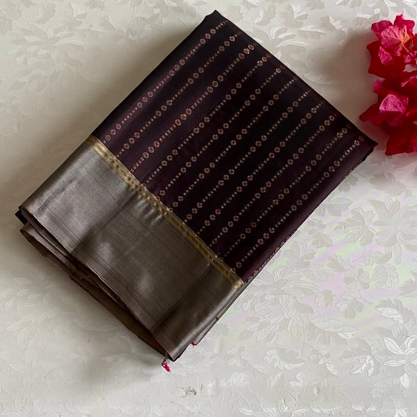 Dark Brown Designer Pure Silk Saree With Taupe Beige Pallu