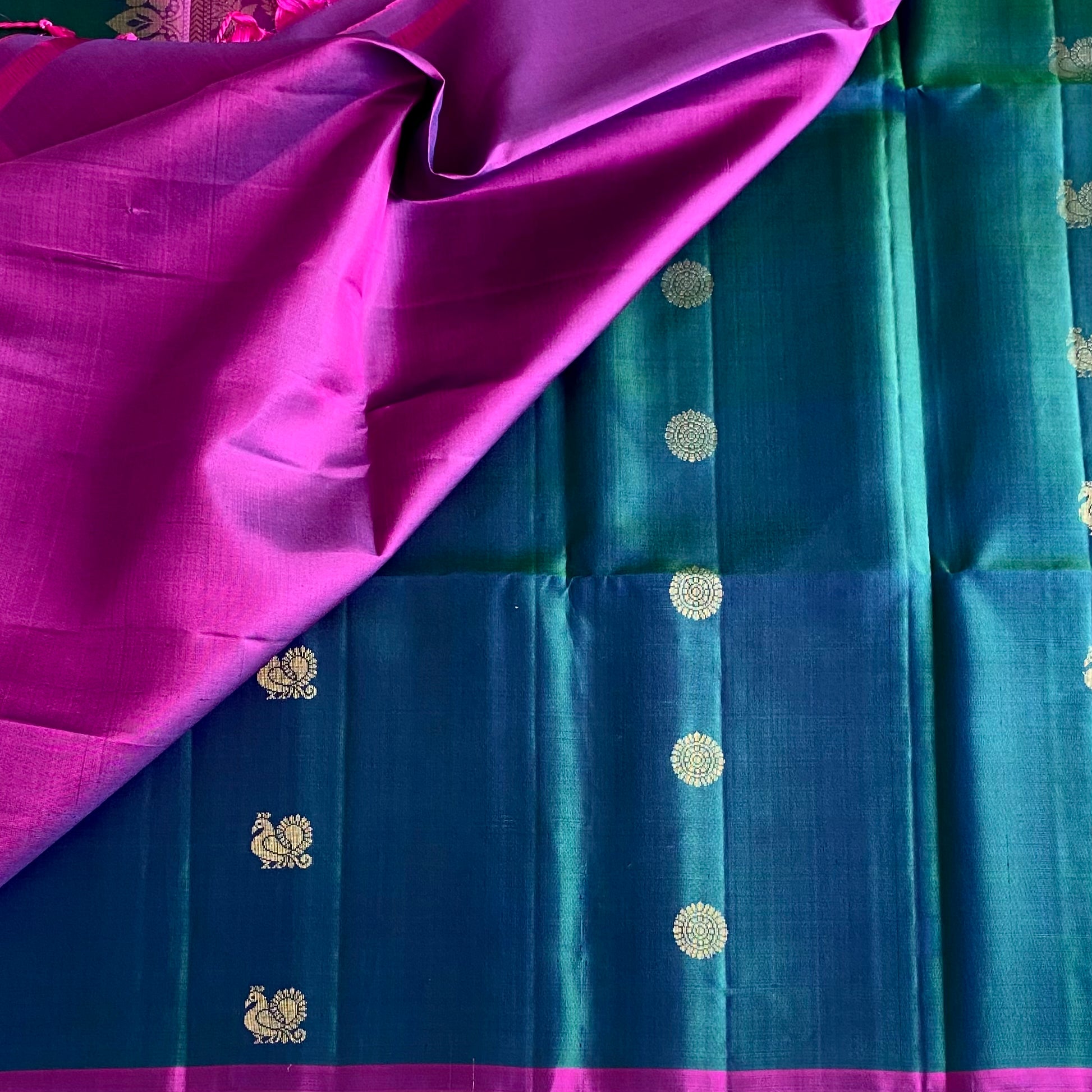Peacock Blue Designer Pure Silk Saree With Rani Pink Pallu