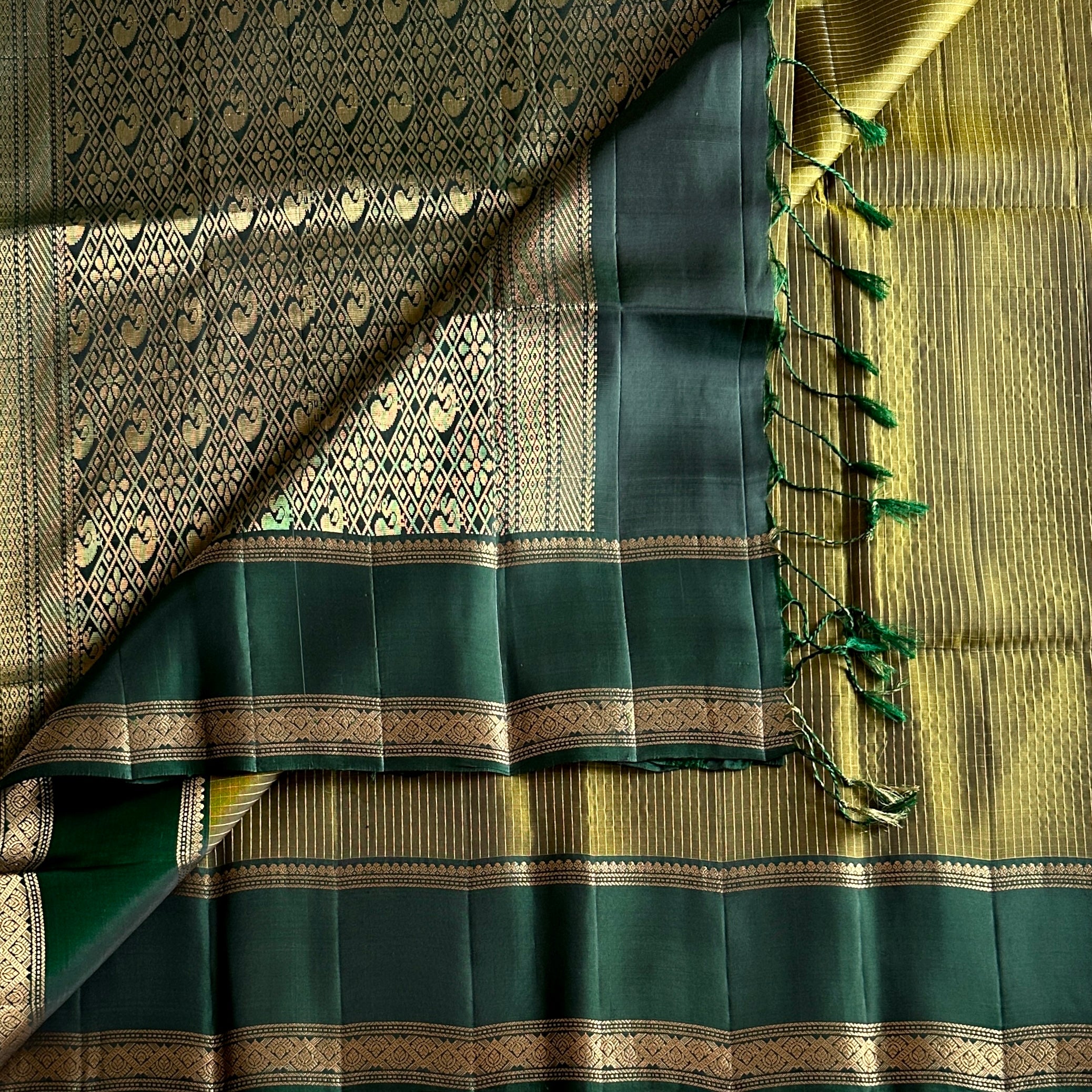 Deep Teal Silk Saree with Gold Zari Paisley Geometric Border