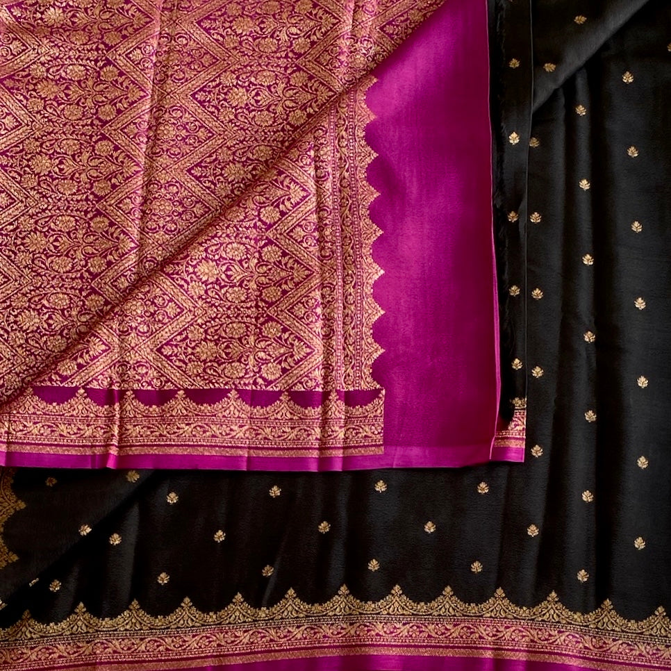 Jet Black Kanjeevaram Pure Zari Silk Saree With Rani Pink Pallu
