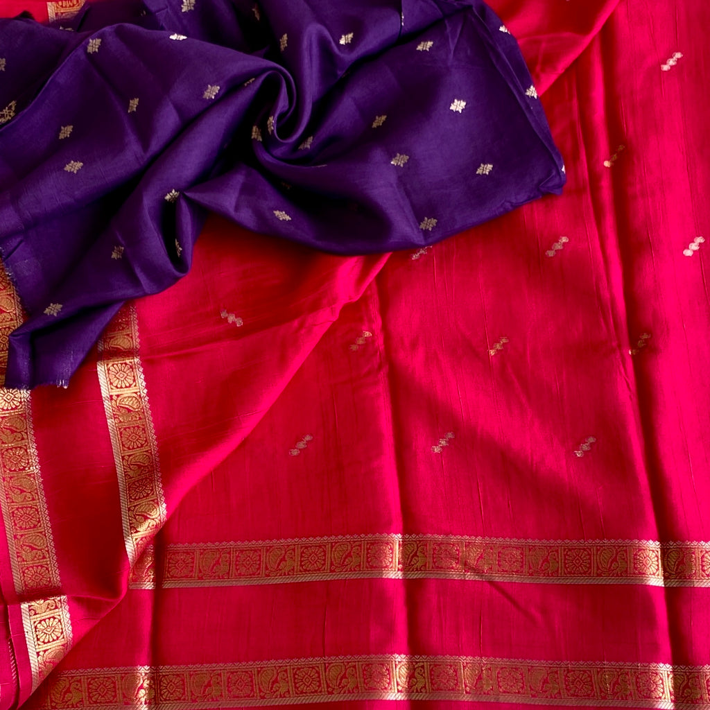 Rani Pink Soft Tussar Silk Saree With Gold Zari Border And Butti