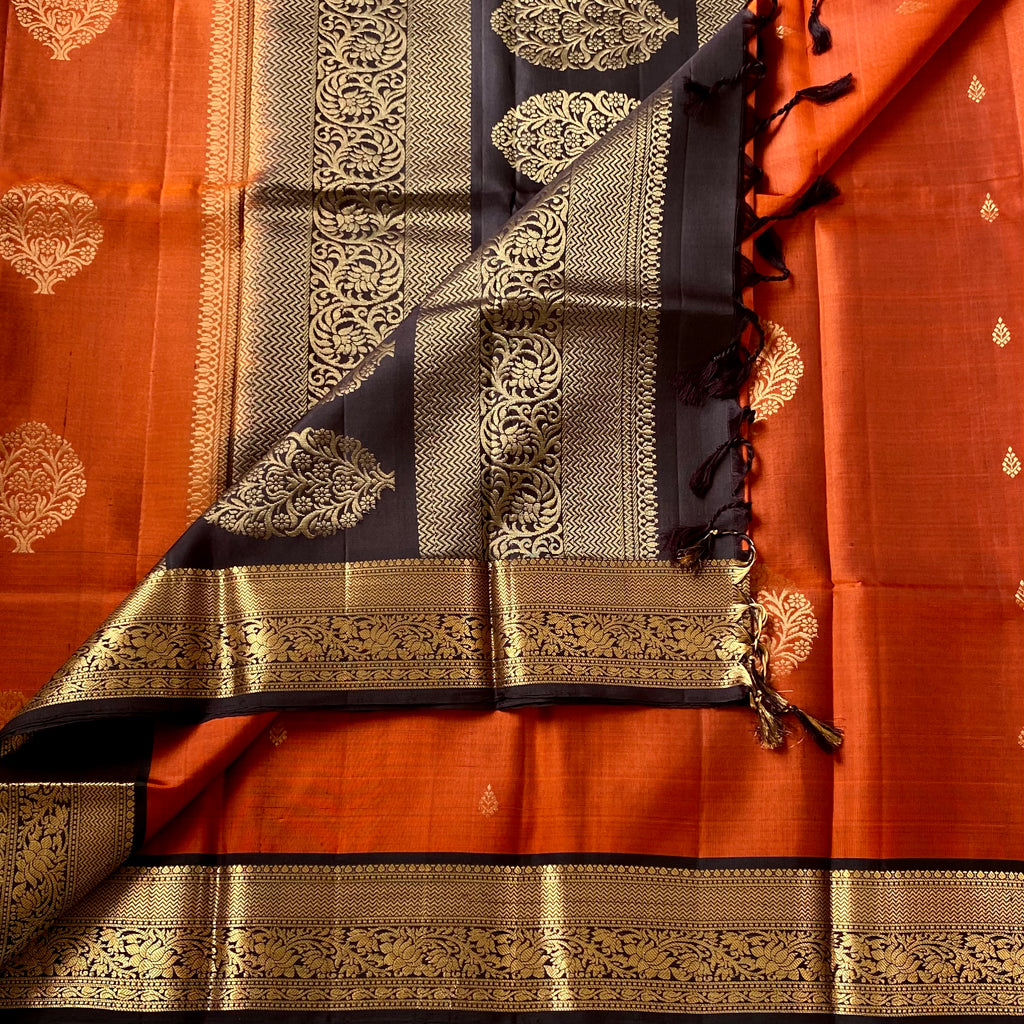 Burnt Orange Saree with Gold Zari Border and Brown Pallu