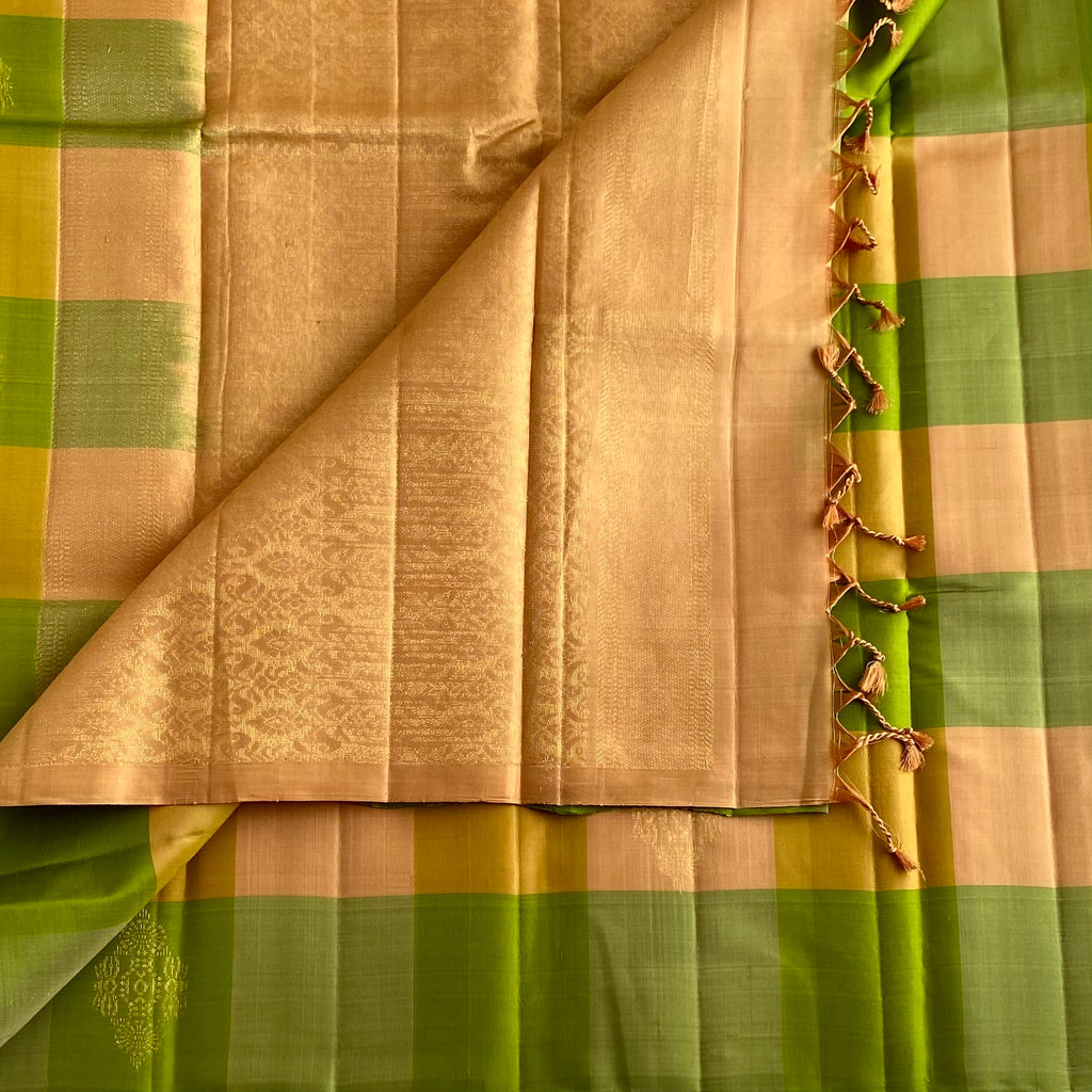 Olive Green Designer Pure Silk Saree With Peach Gold Checks