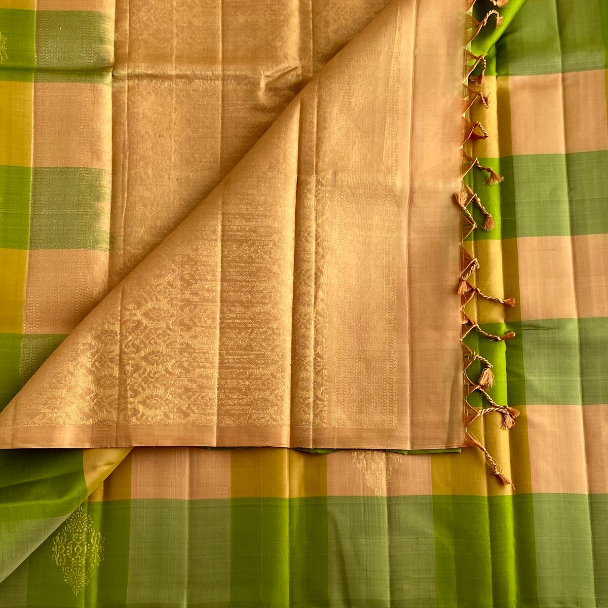 Olive Green Designer Pure Silk Saree With Peach Gold Checks