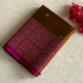 Antique Mehandi Green Designer Pure Silk Saree With Rani Pink Pallu