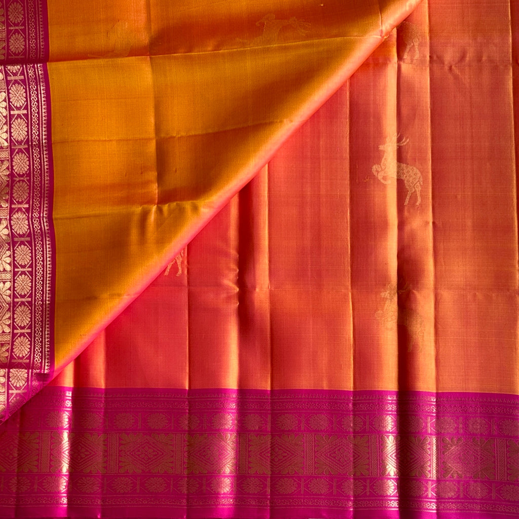 Traditional Sunset orange with rani pink handwoven pure silk saree with zari woven buttas