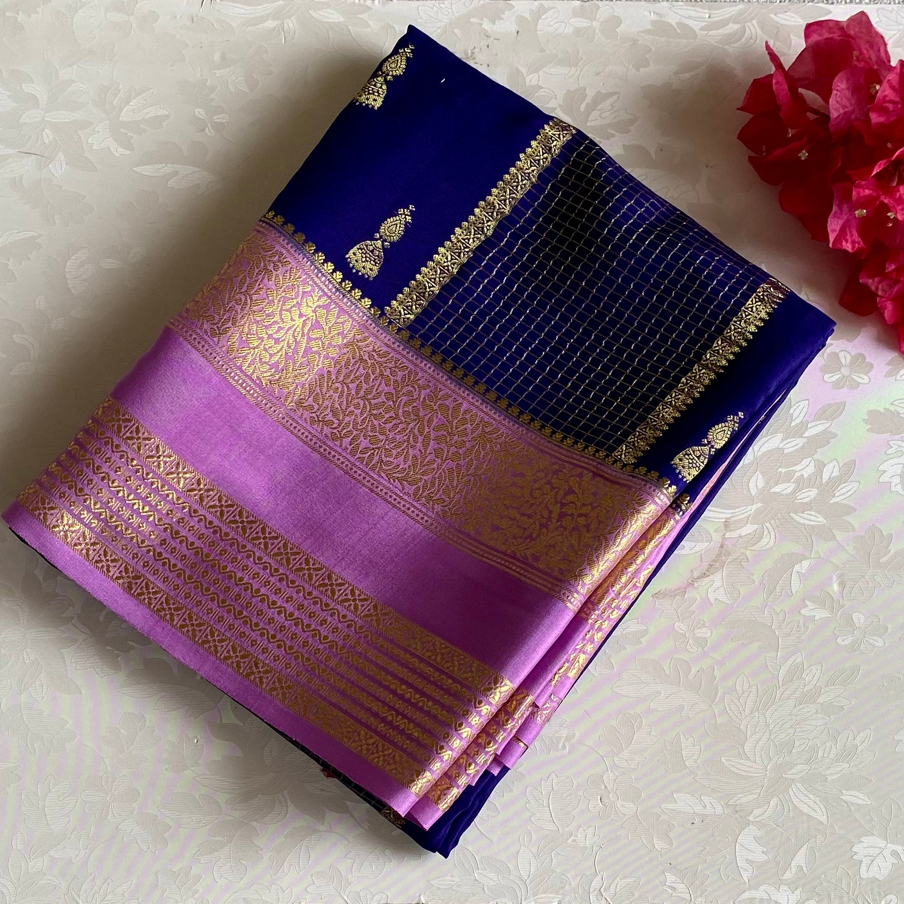 Mauve Pink Mysore Crepe Silk Saree With Royal Blue Pallu