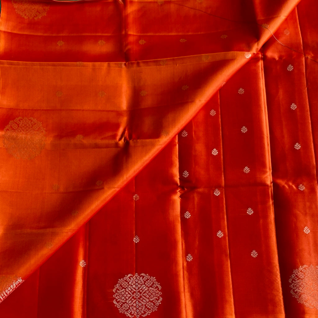 Burnt Orange Designer Pure Silk Saree With Teal Green Pallu