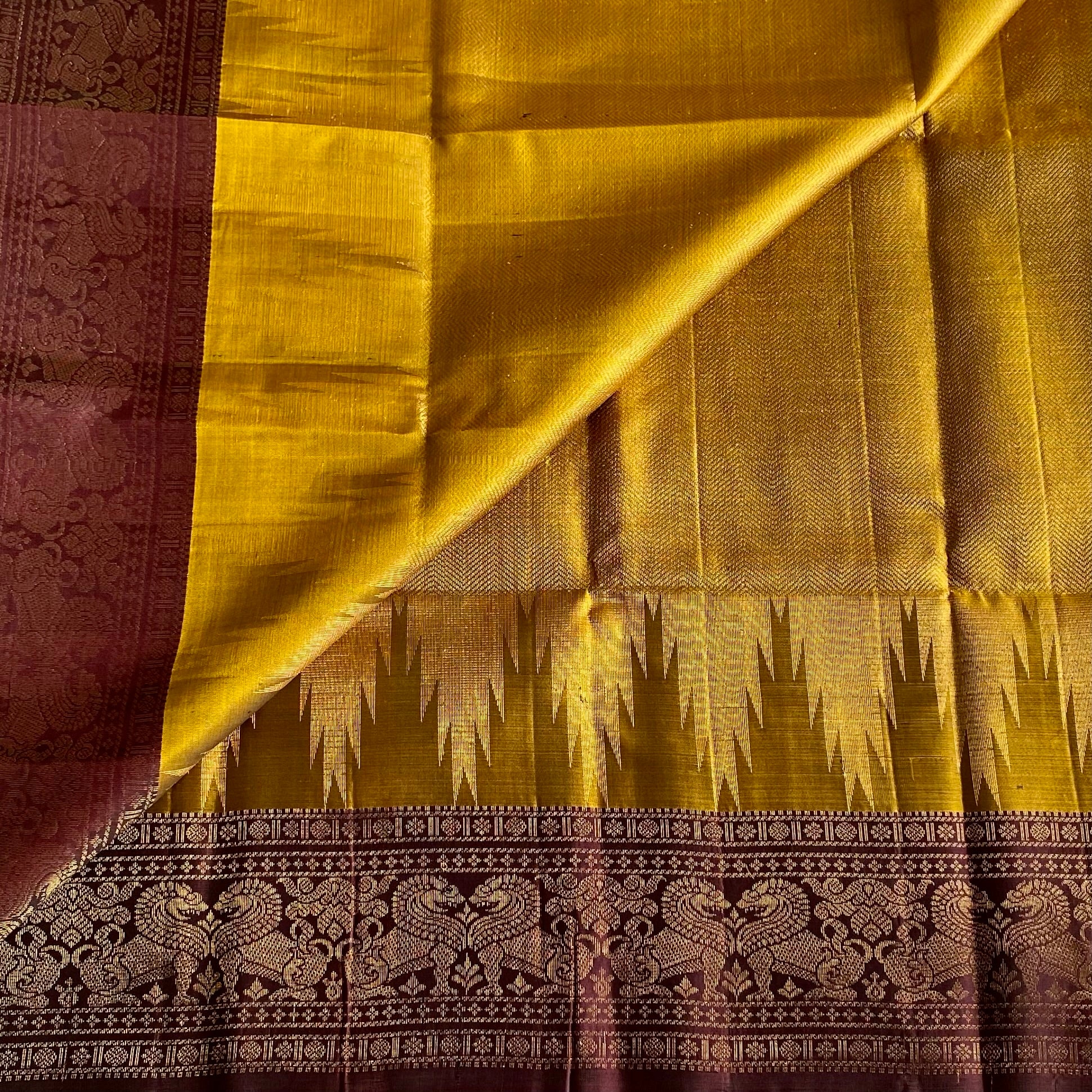 Deep Mustard Designer Pure Silk Saree With Wine Brown Gold Pallu