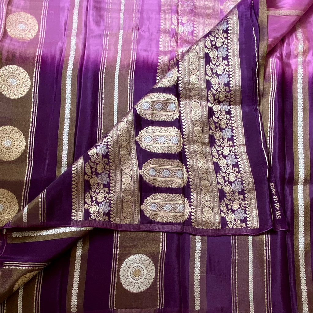Ombre Lilac with purple soft satin crepe with zari woven work