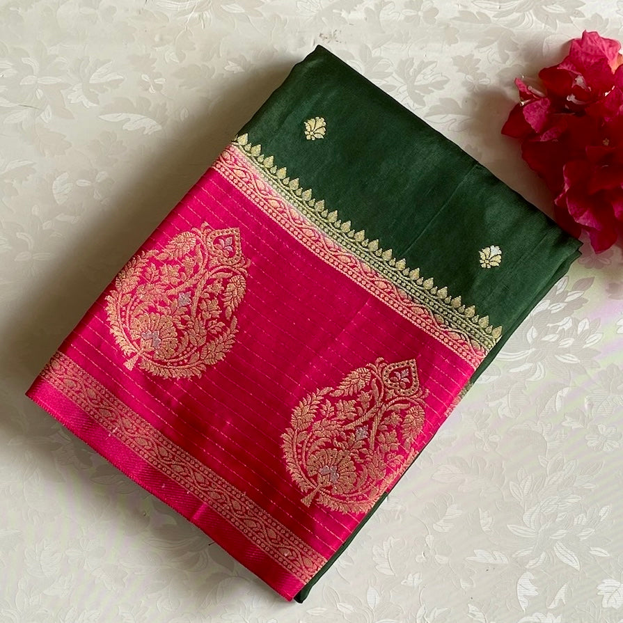 Deep Forest Green Soft Tussar Silk Saree With Rani Pink Pallu