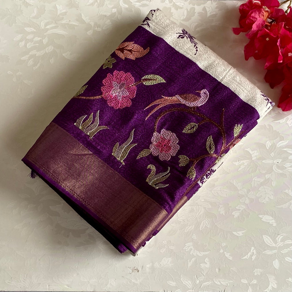 Soft Tussar Silk Ivory Saree With Royal Purple Pallu And Zari Border