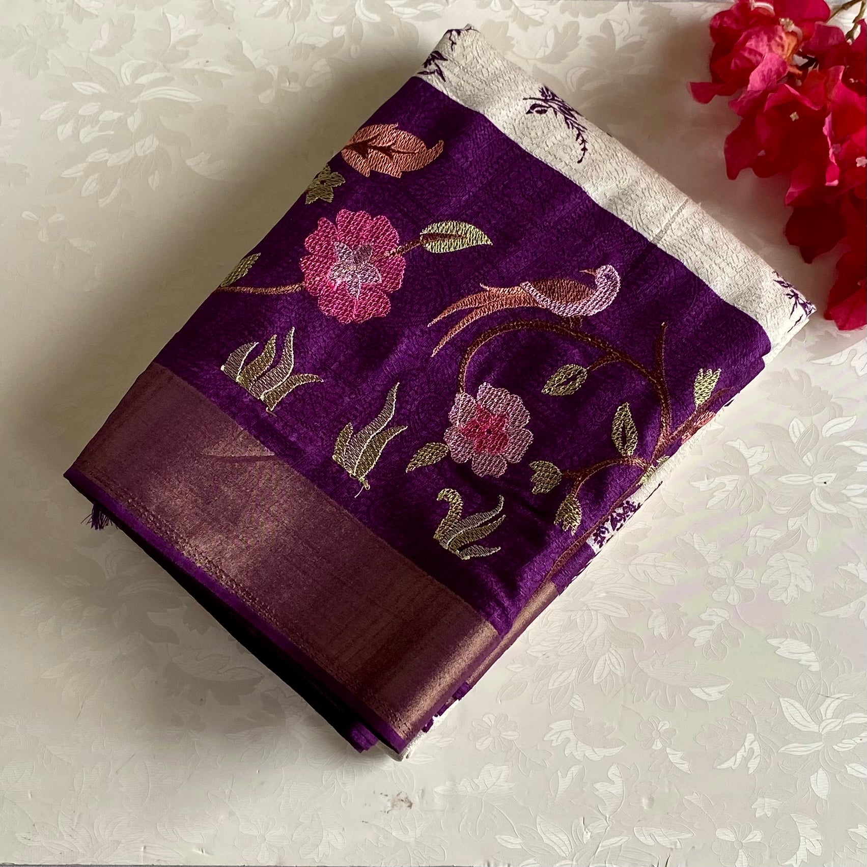 Soft Tussar Silk Ivory Saree With Royal Purple Pallu And Zari Border