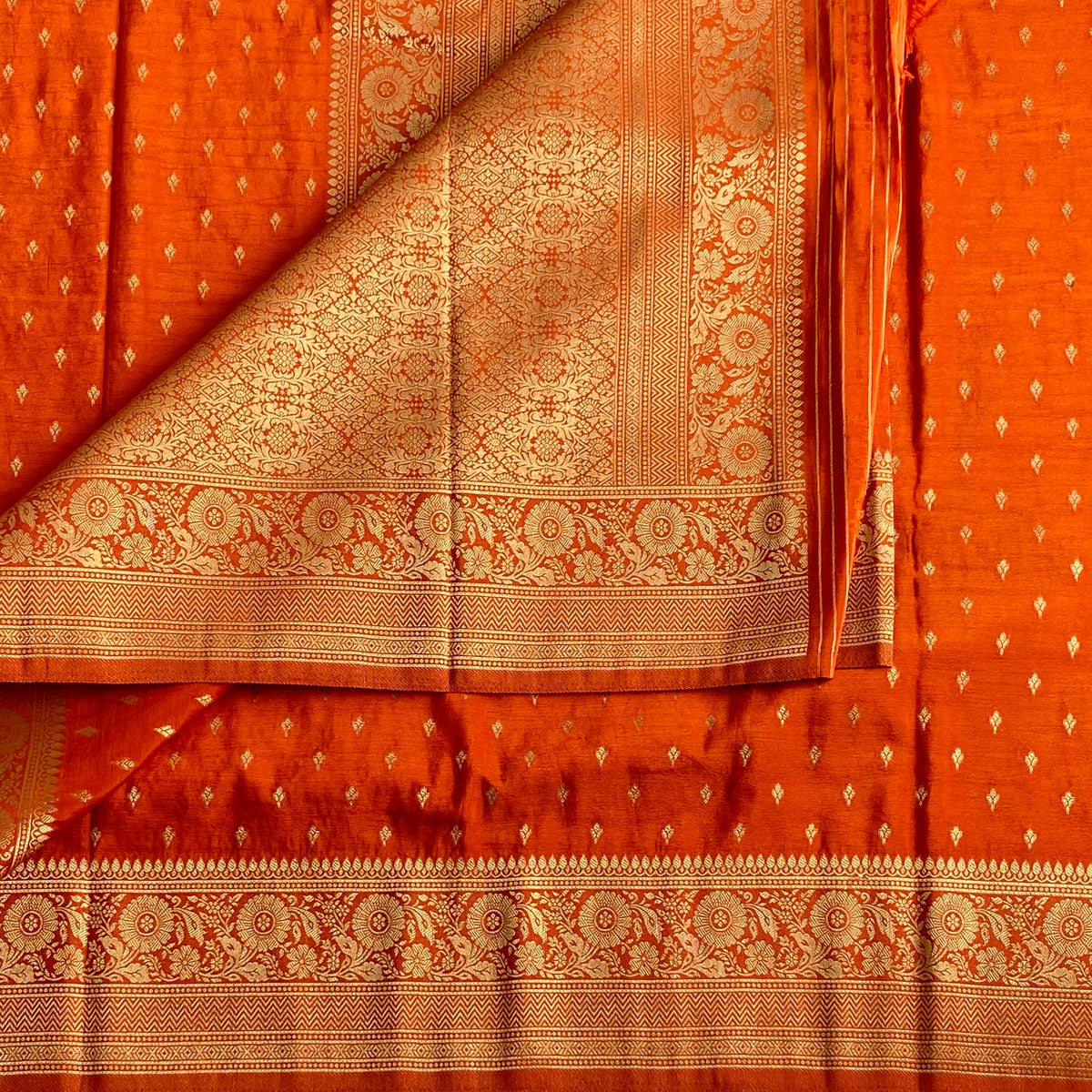 Burnt Orange Soft Crepe Silk Saree With Metallic Gold Zari Pallu
