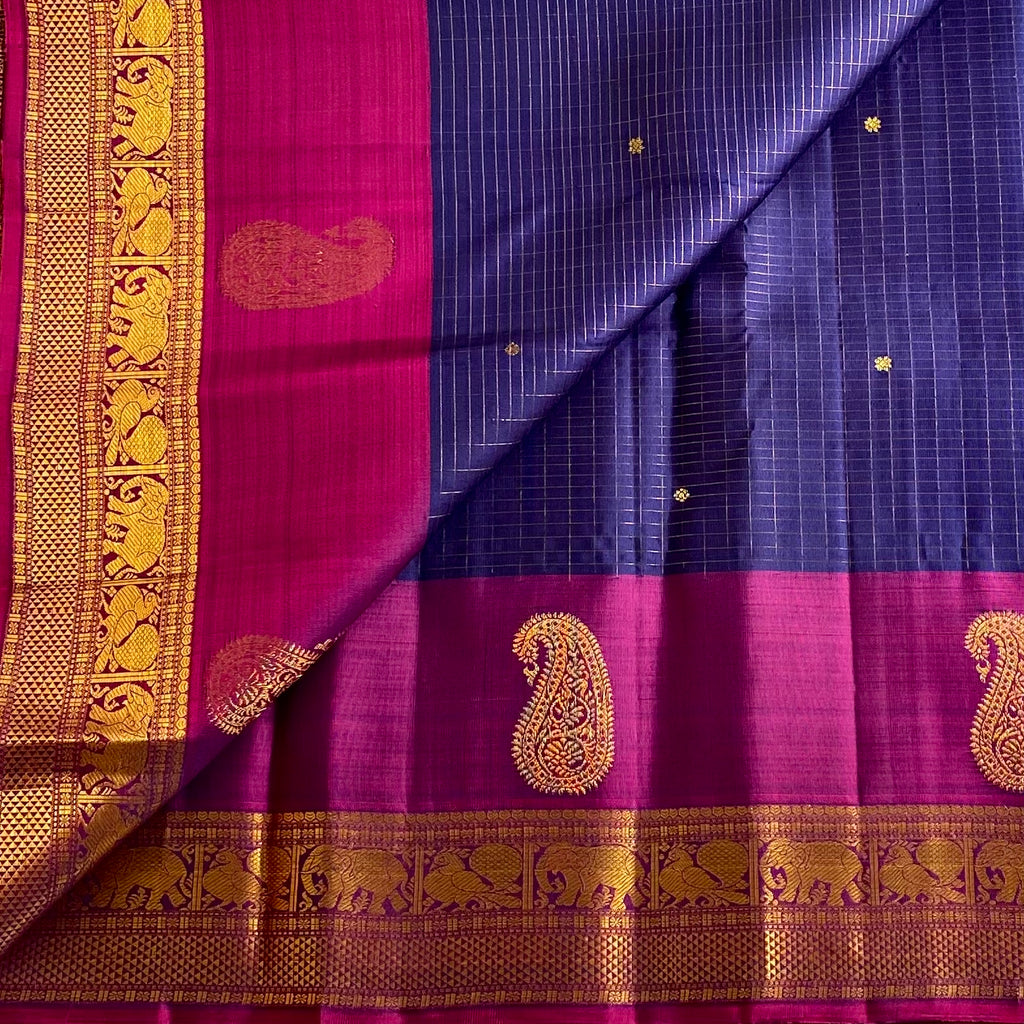 Indigo Navy Kanjeevaram Pure Zari Checkered Silk Saree With Deep Magenta Pallu