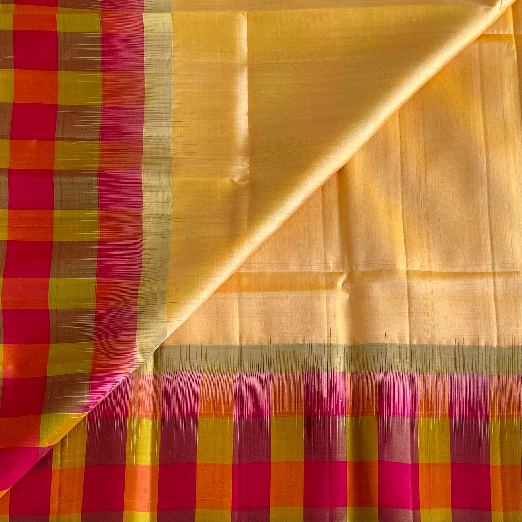 Light Gold Designer Pure Silk With Multi Colour Checkered Borders
