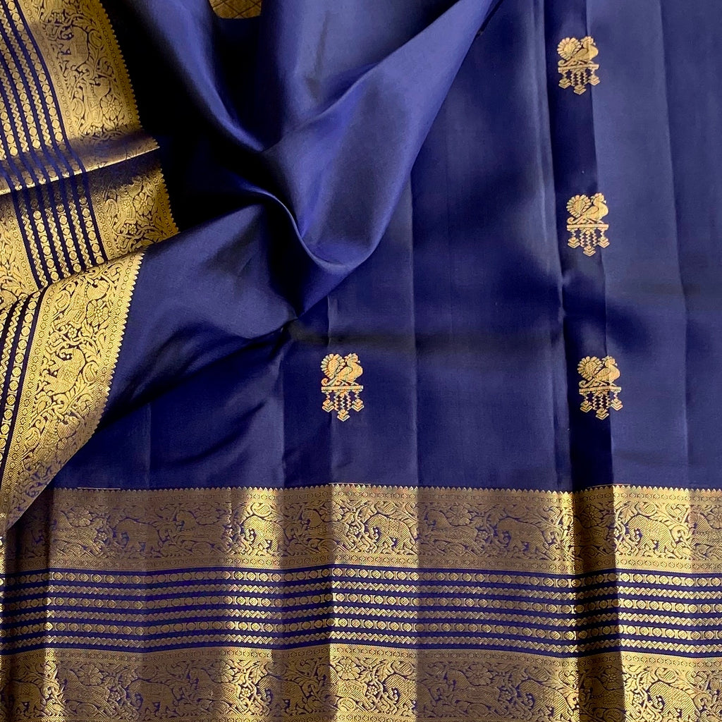 Midnight Navy Blue Designer Pure Silk Saree With Zari Gold Border And Pallu