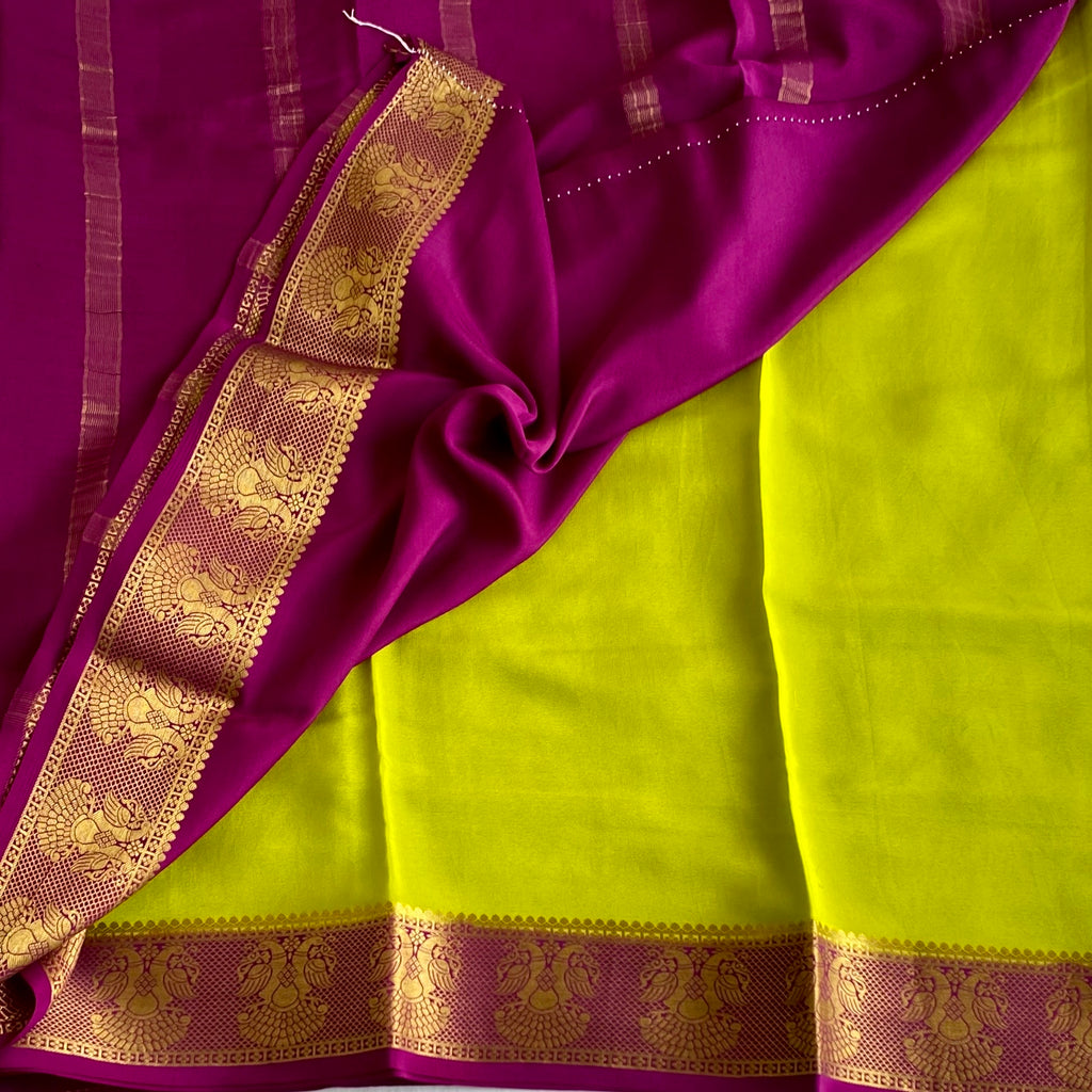 Chartreuse Silk Saree Gold Brocade Peacock Border Traditional Festive Wear
