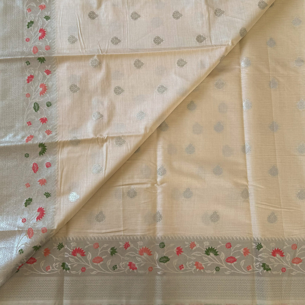 Cream Silver Floral Saree with Tassel Pallu for Festive Occasions