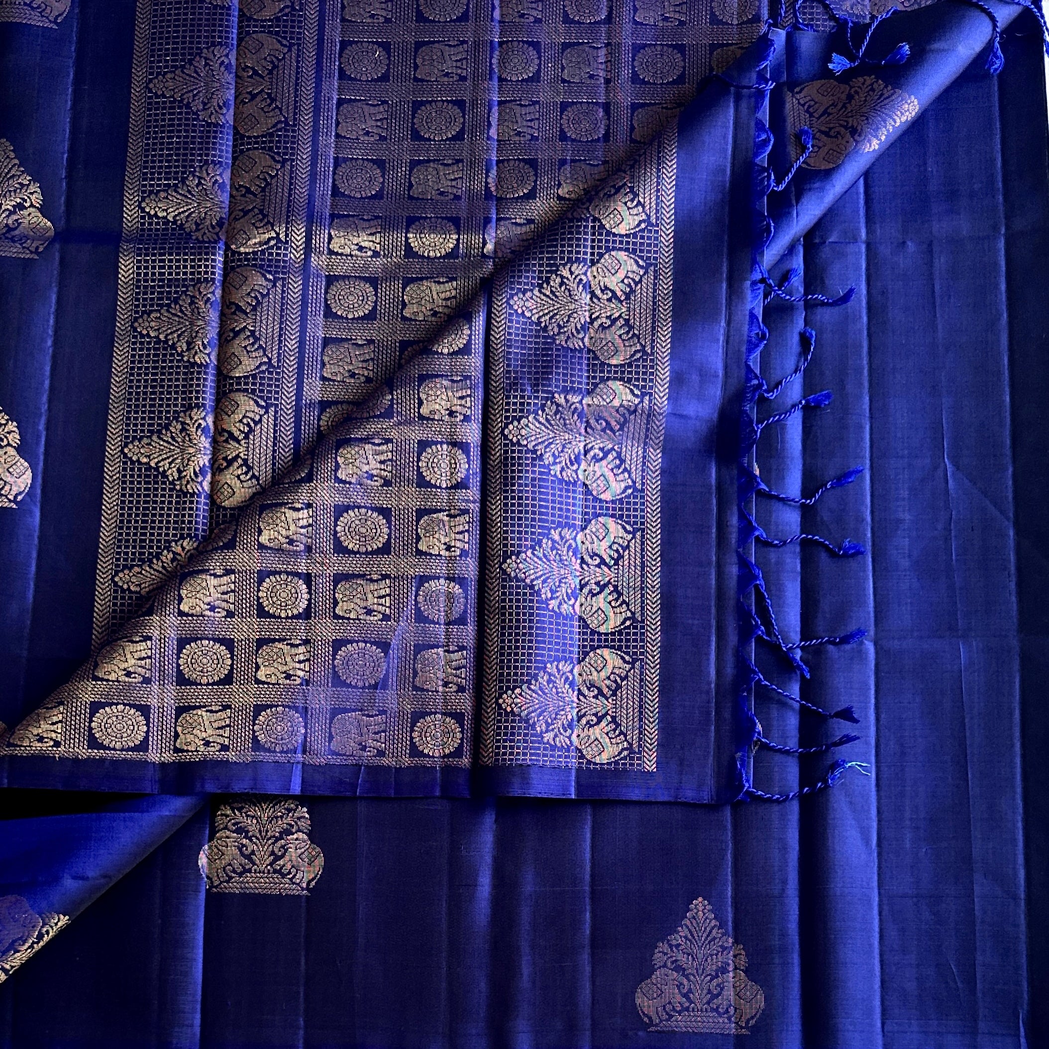 Cobalt Blue Saree Gold Woven Elephant Motif Traditional Festive Silk