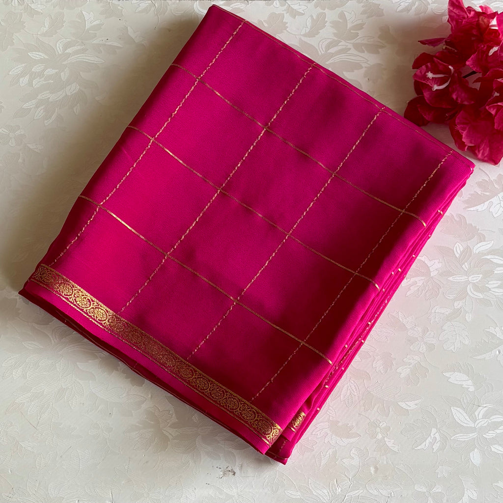 Rani Pink Mysore Crepe Silk Saree With Metallic Gold Zari