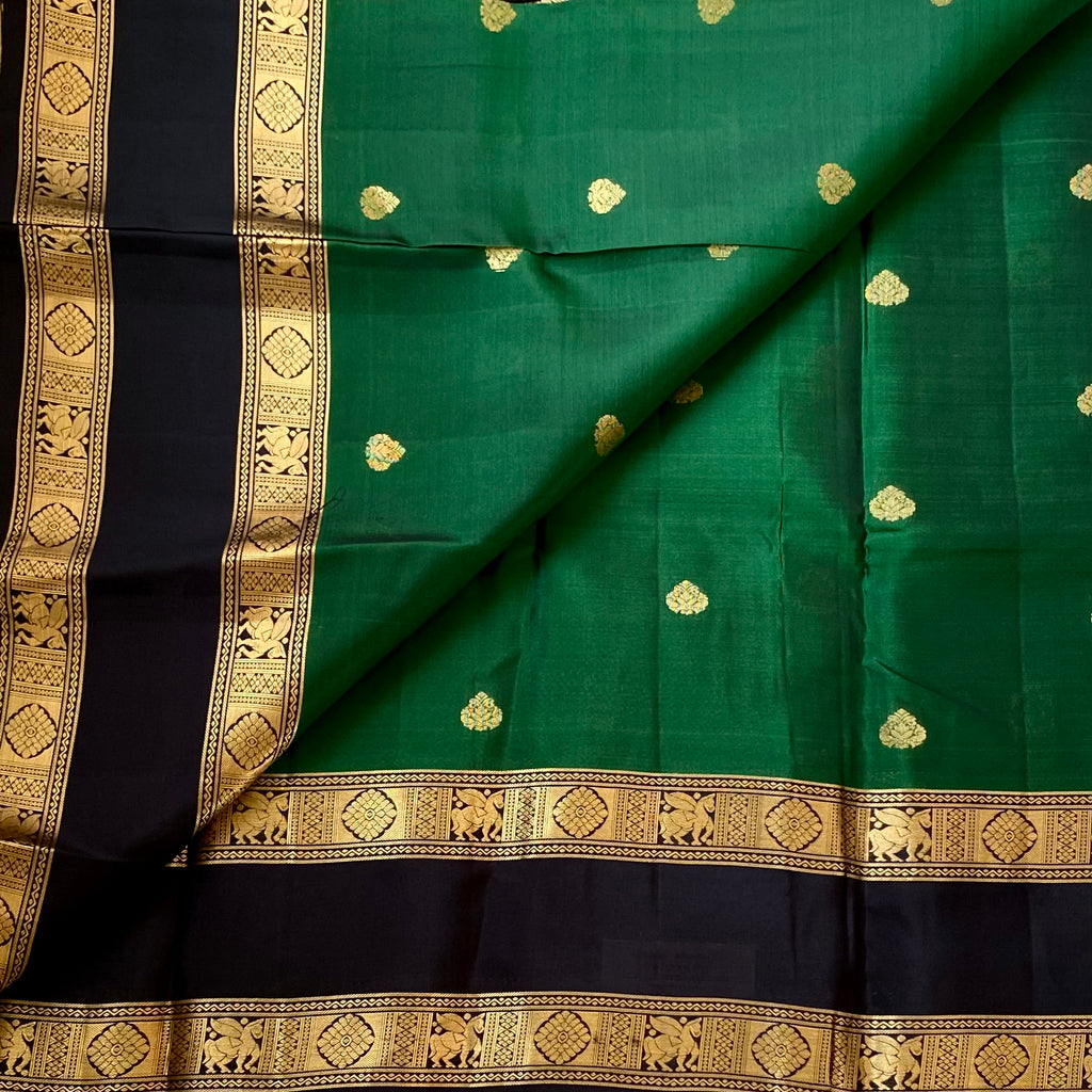 Emerald Green Silk Saree Gold Brocade Pallu Black Elephant Border