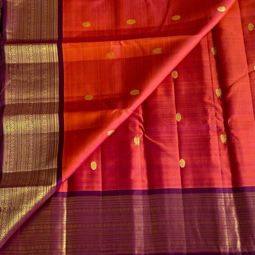 Dual Shaded Kanakambari Orange with Classy Wine Purple Pure Kanjeevaram Silk