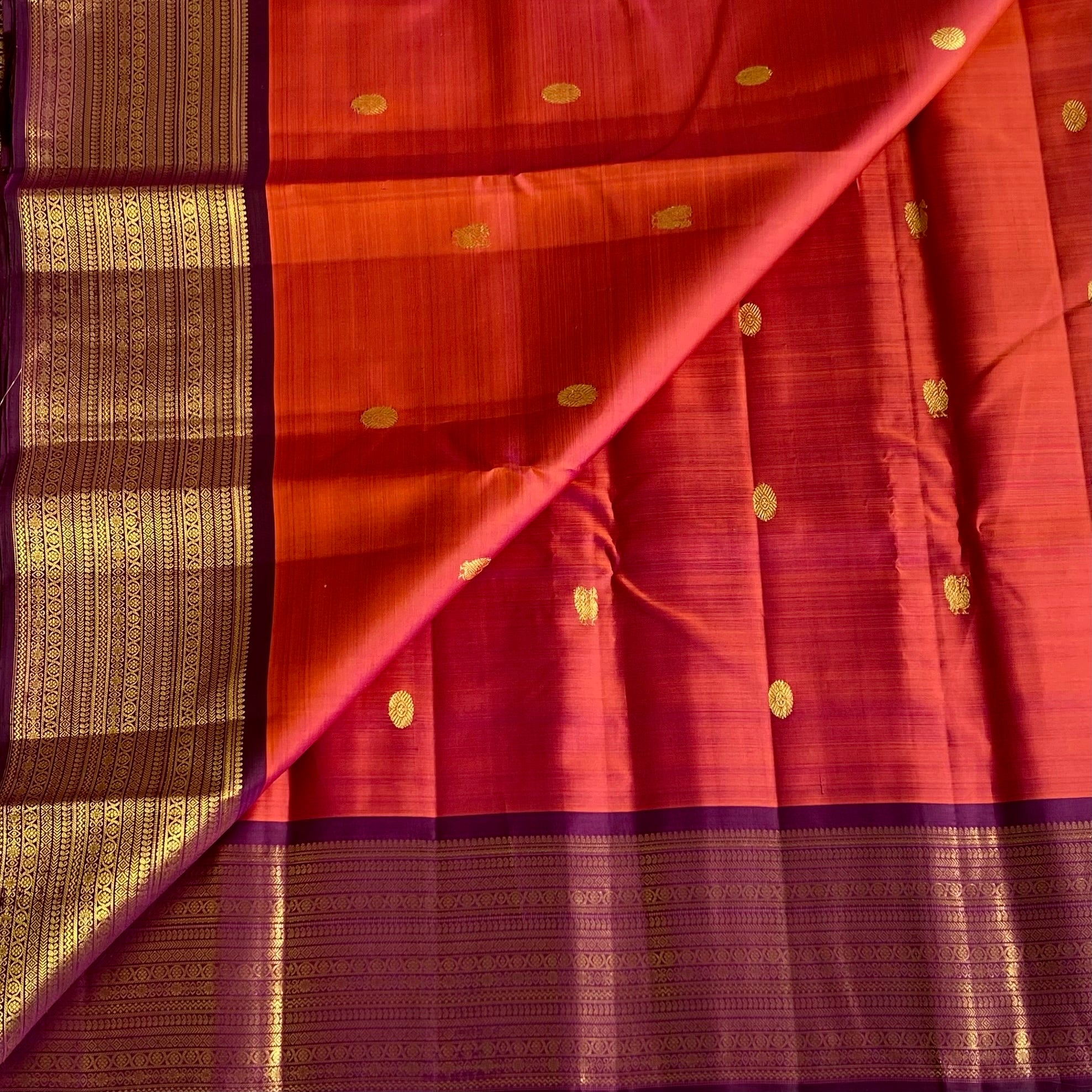 Dual Shaded Kanakambari Orange with Classy Wine Purple Pure Kanjeevaram Silk