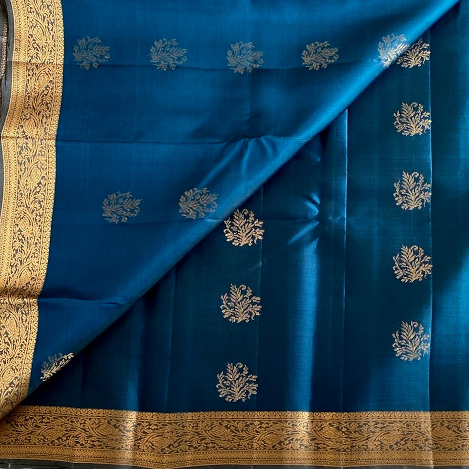 Peacock Blue Designer Pure Silk Saree With Antique Gold Pallu
