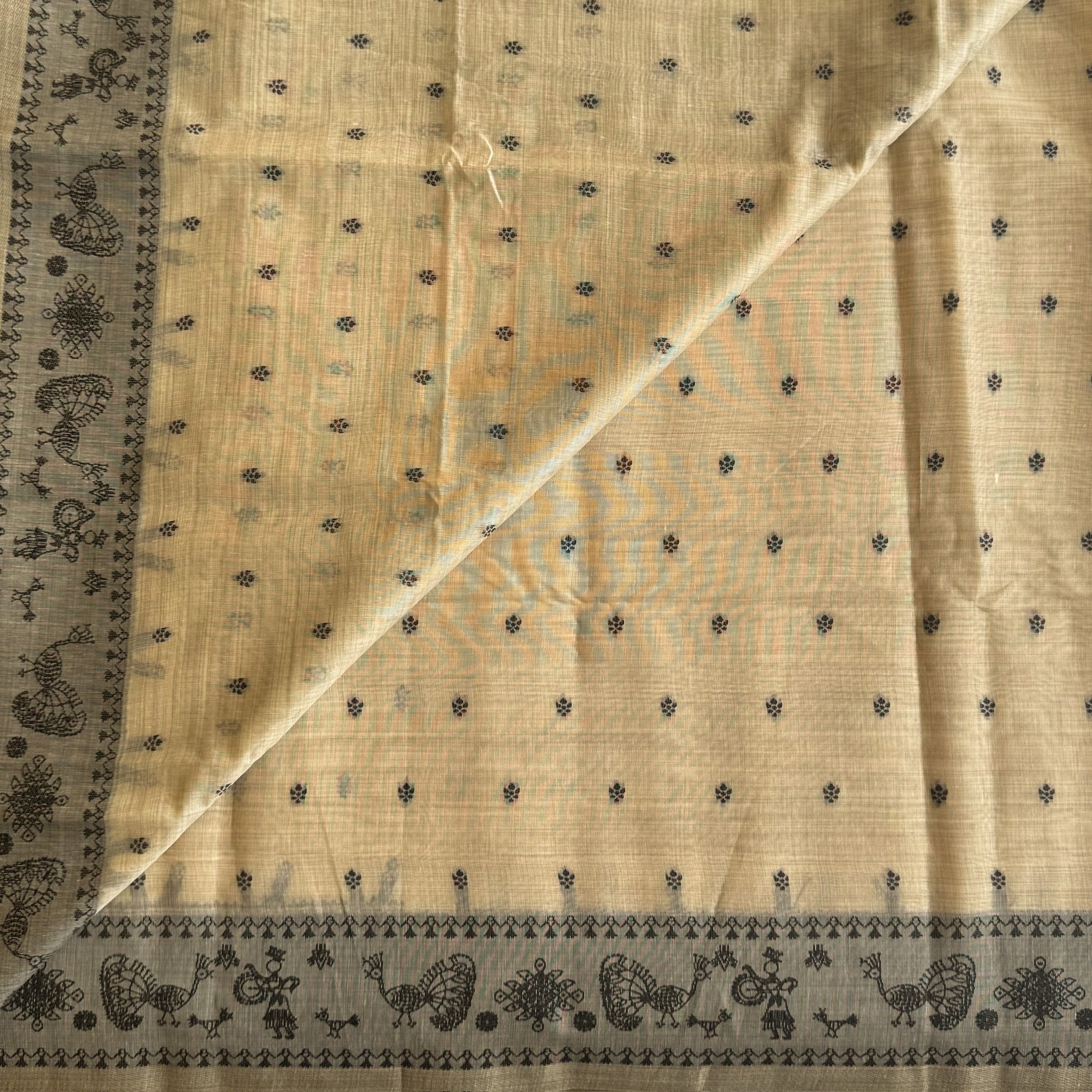 Beige Slate Grey Folk Print Saree With Tassel Border Handloom