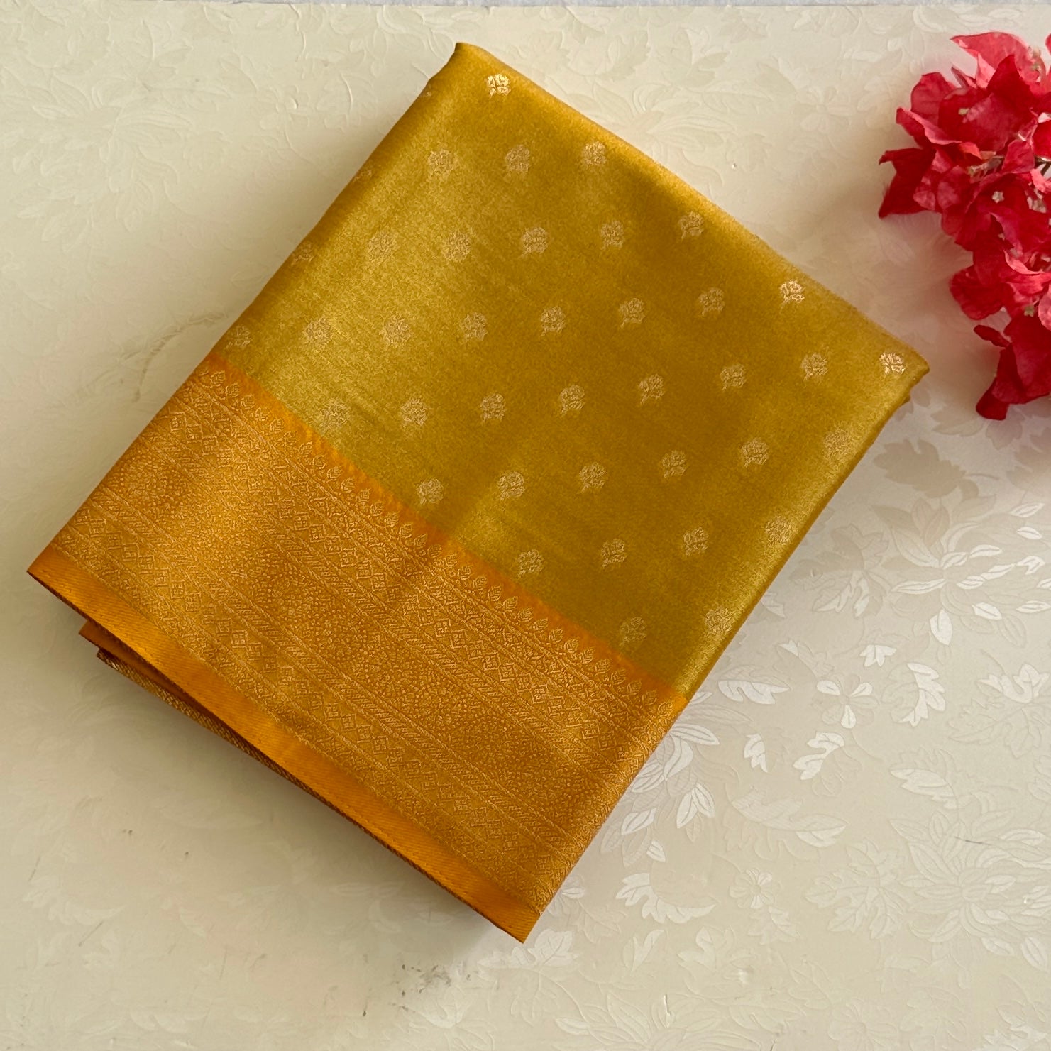 Mustard Gold Banarasi Style Saree With Zari Border Tassel Pallu