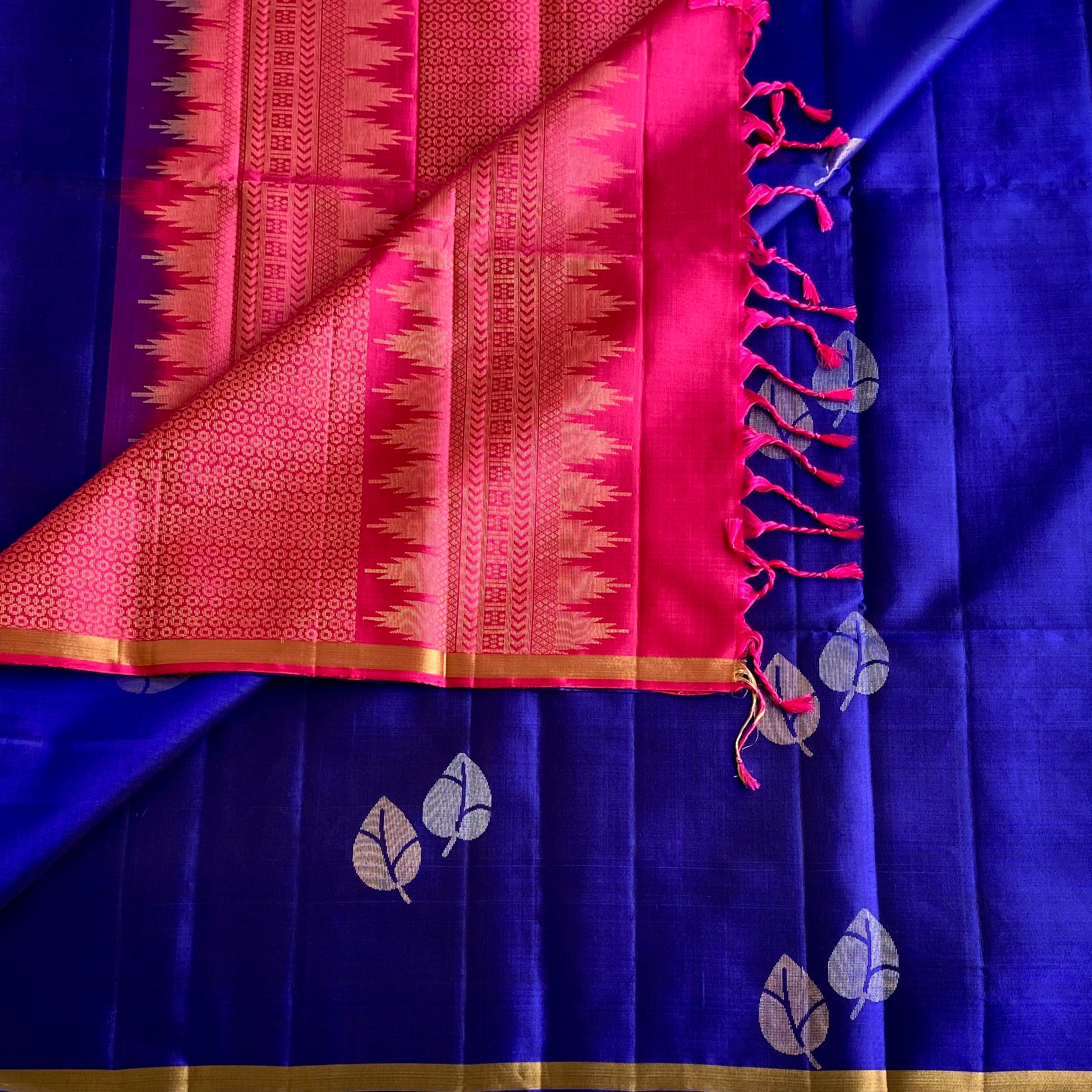Royal Blue Designer Pure Silk Saree With Rani Pink Pallu