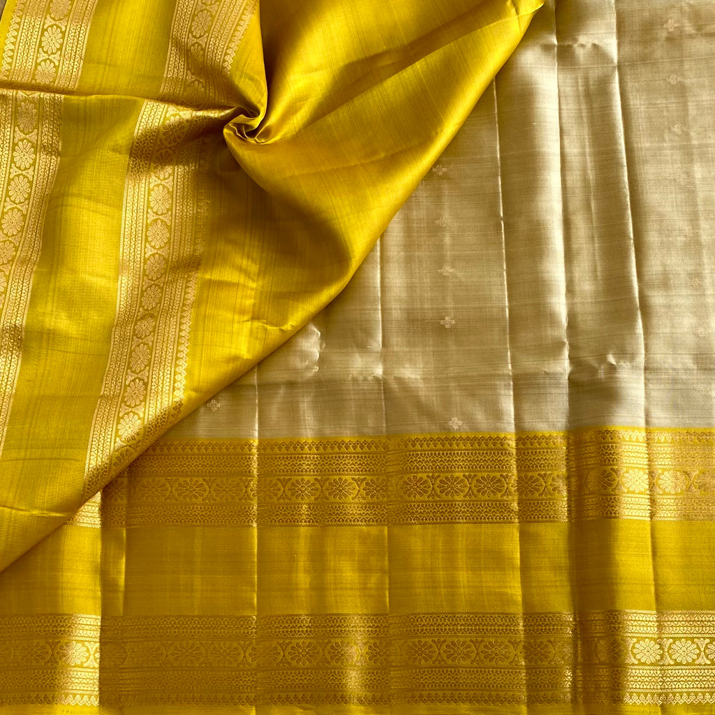 Cream Beige Designer Pure Silk Mustard Yellow Contrast Gold Zari
