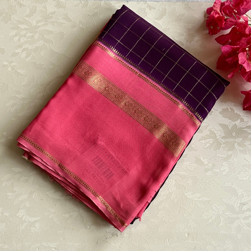 Royal Purple Fuchsia Lustrous soft crepe Gold Zari Checked Border Traditional