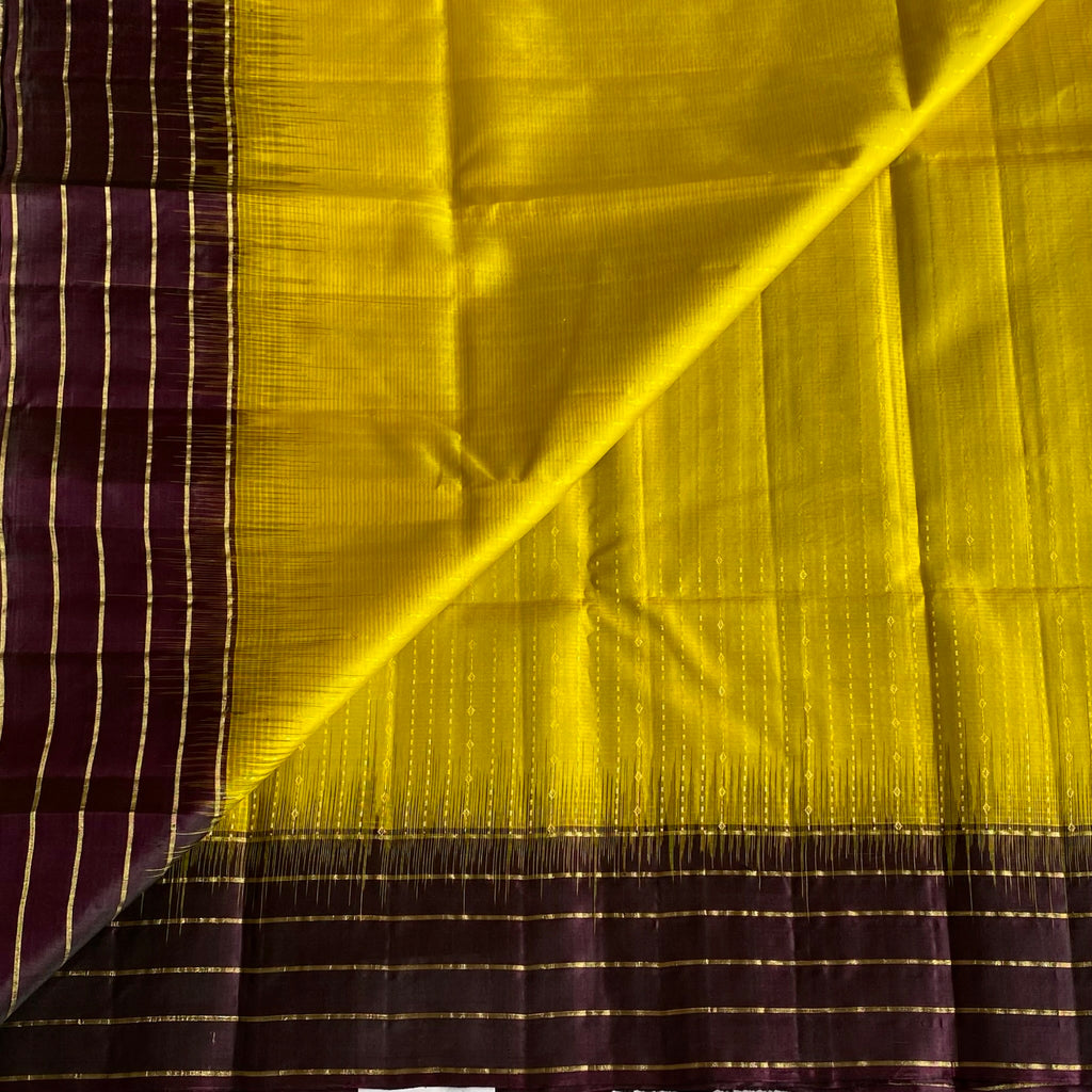 Lime Yellow Designer Pure Silk Saree With Deep Plum Pallu