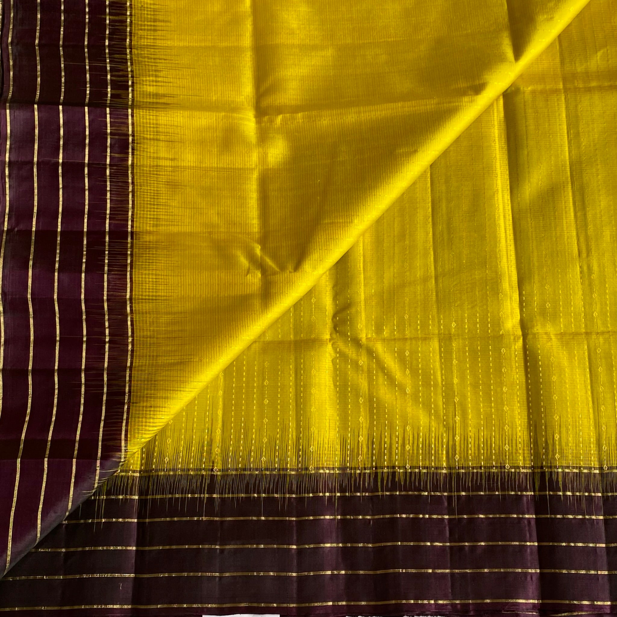 Lime Yellow Designer Pure Silk Saree With Deep Plum Pallu